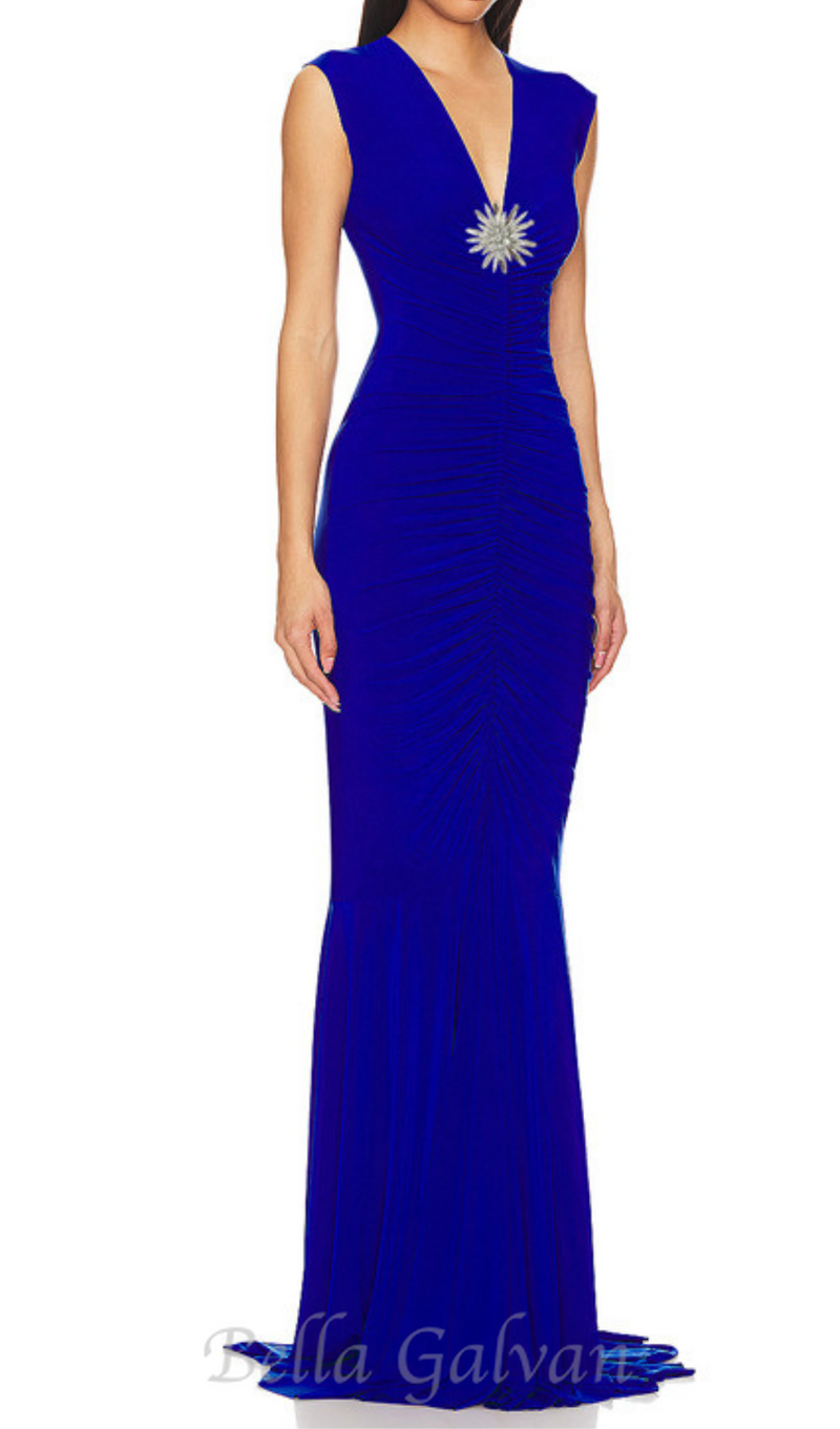 Sleeveless Deep V Neck Shirred Front Fishtail Gown