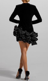 TOBEY VELVET LONG SLEEVE RUFFLE MINI DRESS IN BLACK