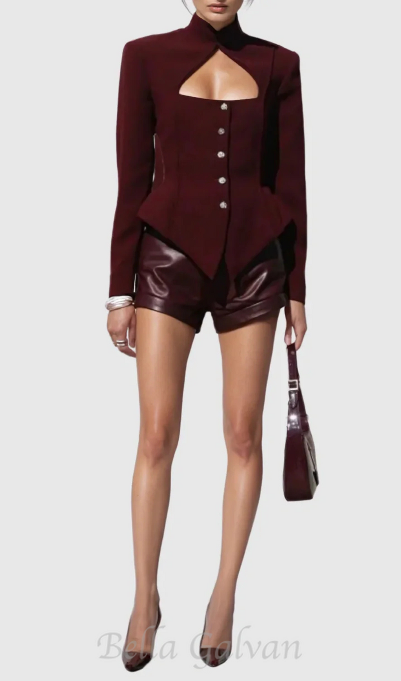 Aymee Cutout Button Blazer in burgundy