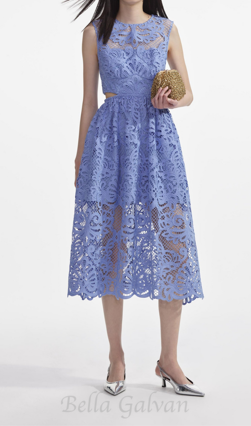 FANNY CUT-OUT LACE EMBROIDERY MIDI DRESS IN BLUE