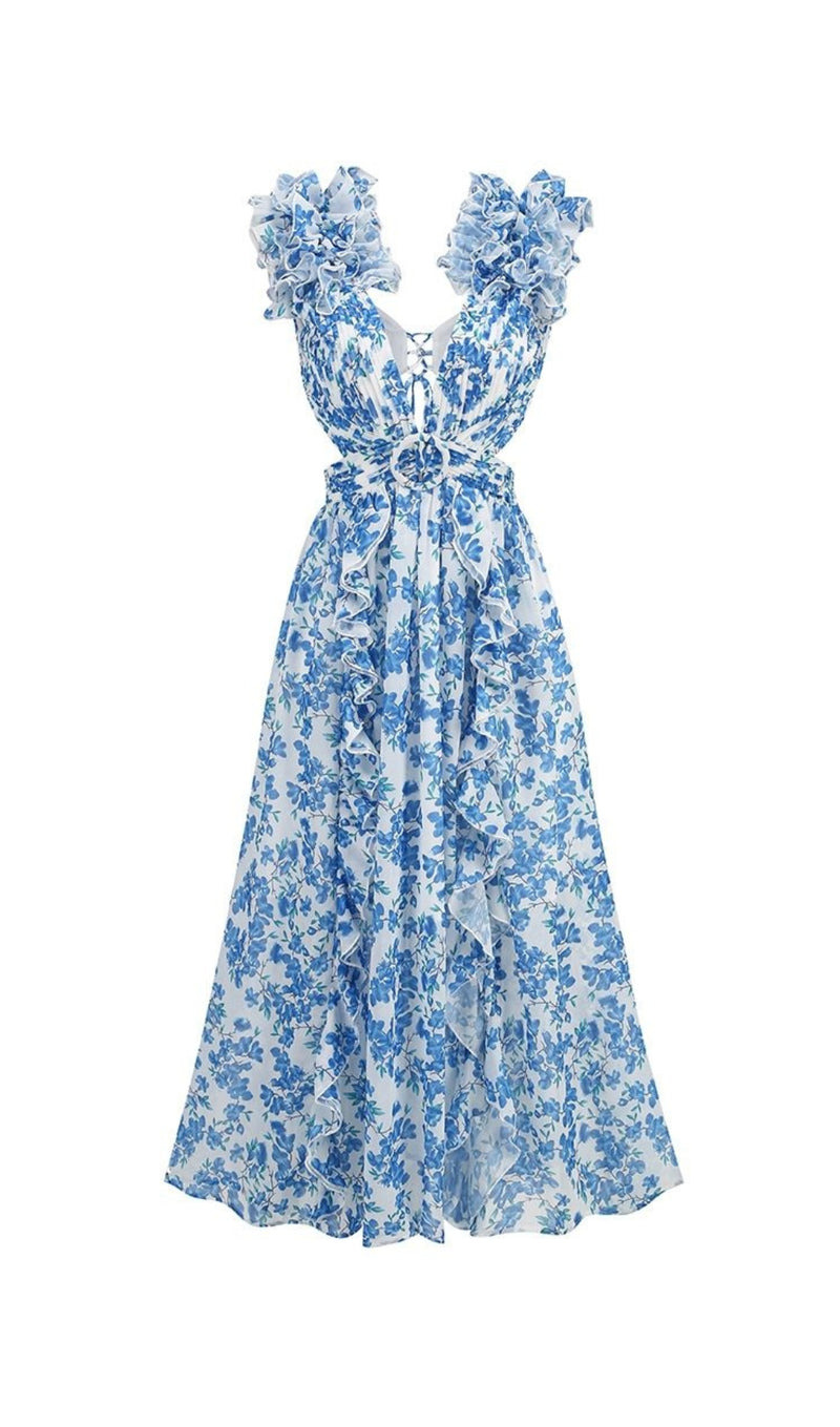 RUFFLED FLORAL CUTOUT MAXI DRESS IN BLUE