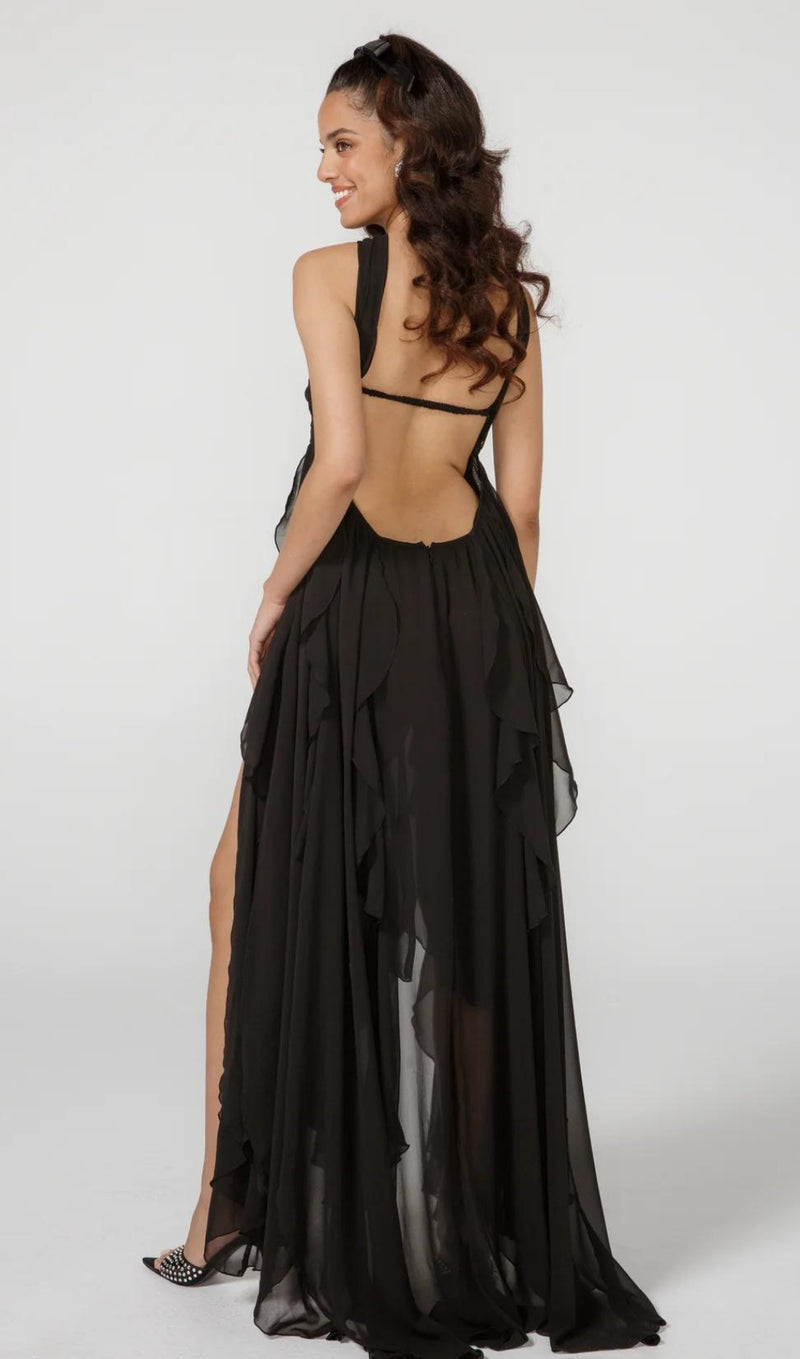 LACE IRREGULAR MAXI DRESS IN BLACK