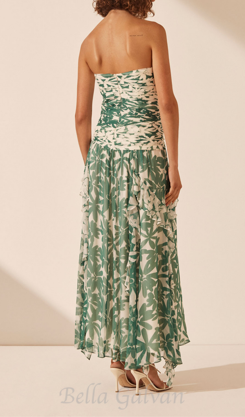 PRINT STRAPLESS CONTRAST MAXI DRESS IN GREEN