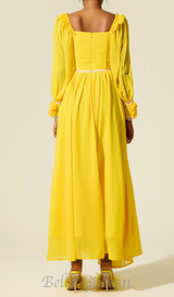 Chiffon 3D Flower Long Sleeve Midi Dress in yellow