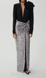 ELVIRA FLORAL-APPLIQUÉ SEQUINED MAXI SKIRT IN SLIVER