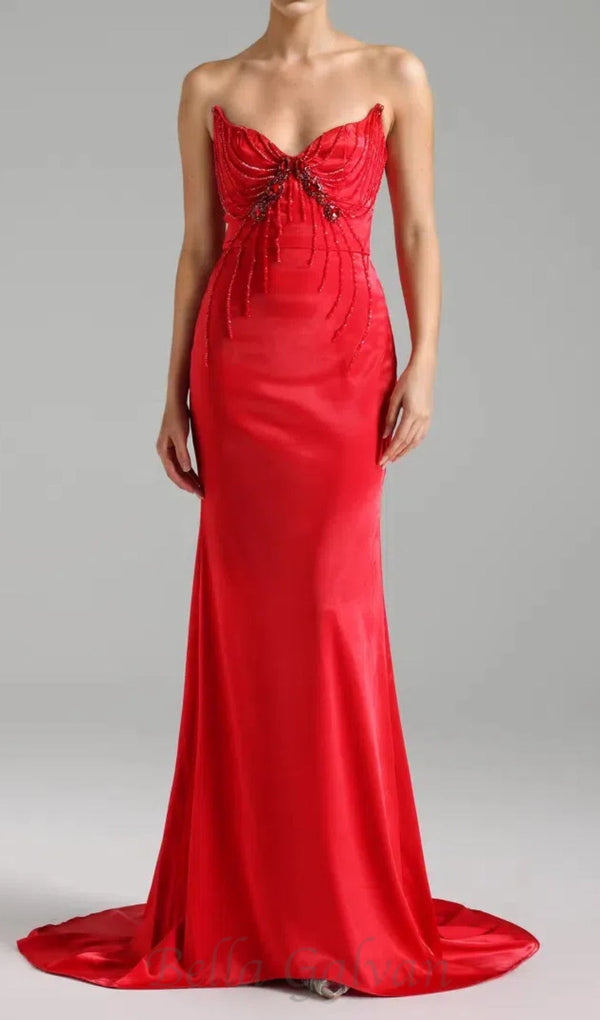 bow embellished strapless maxi dress in red