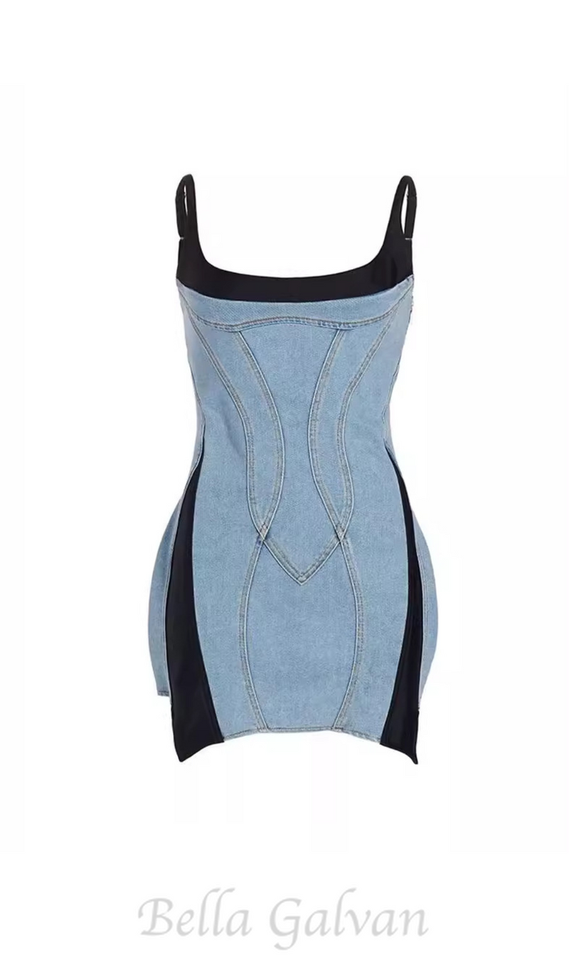 DENIM JERSEY BODYCON MINI DRESS IN BLUE