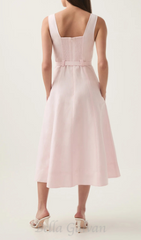 sweetheart neckline belted midi dress in pink