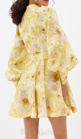 MONICA LANTERN SLEEVE FLORAL PRINT YELLOW MINI DRESS