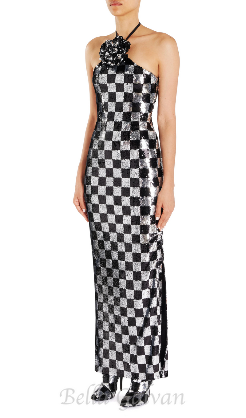 checkerboard sequin halter gown with flower