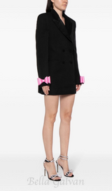 INGRID BOW-EMBELLISHED WOOL BLACK BLAZER DRESS