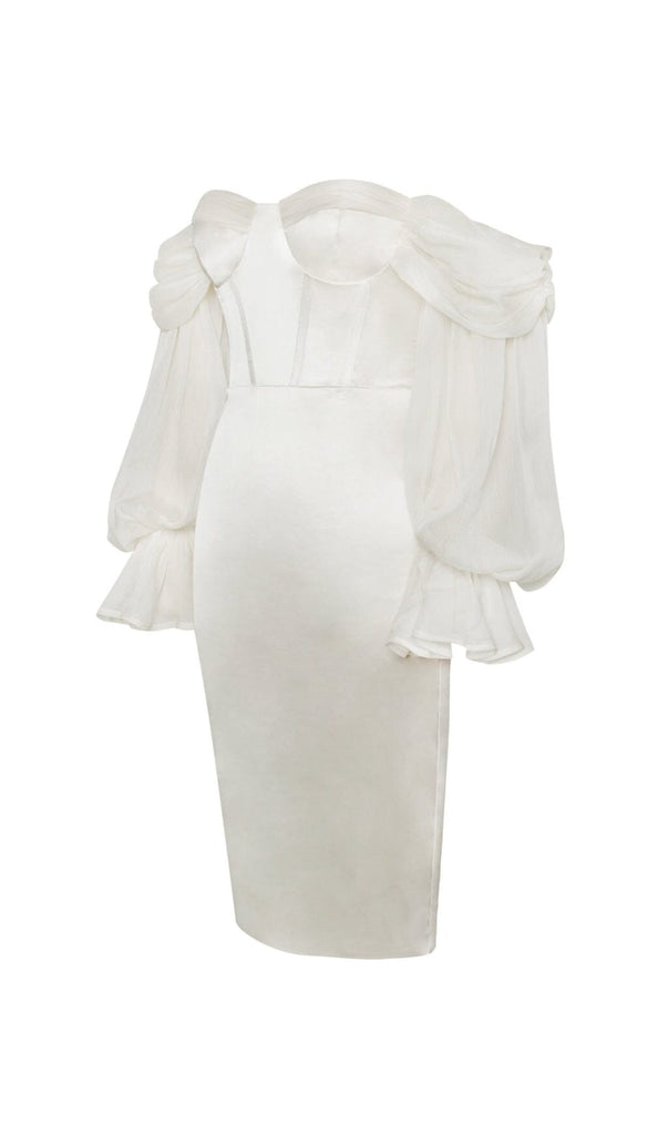 LYDIA PEARL WHITE SATIN OFF SHOULDER PUFF SLEEVE DRESS Dresses styleofcb 