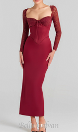 satin corset maxi dress in burgundy