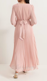 lantern sleeve pleated maxi dress in pale pink