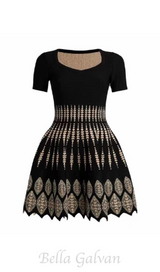 ELEANORE BLACK GEOMETRIC JACQUARD FLARE MINI DRESS