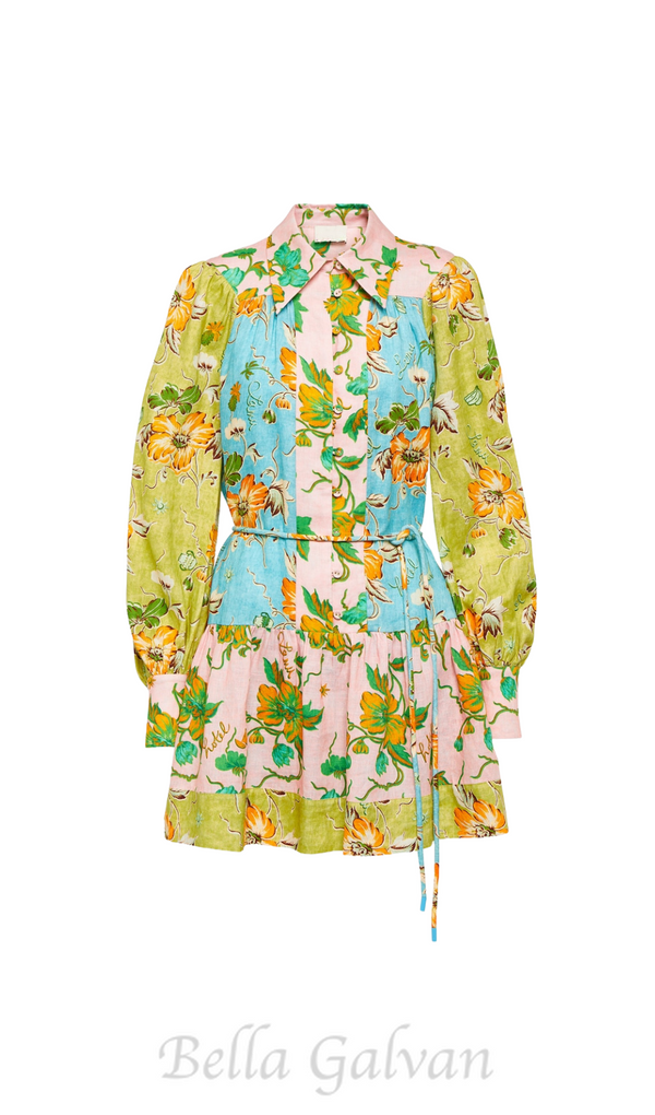 DONNA PRINTED COLORBLOCKED LINEN SHIRT DRESS