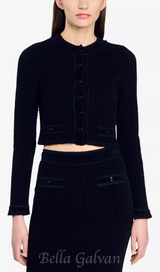 Velvet-texture cropped knitted cardigan in noir