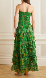 STRAPLESS LAYERED BANDEAU FLORAL PRINT MAXI DRESS IN GREEN