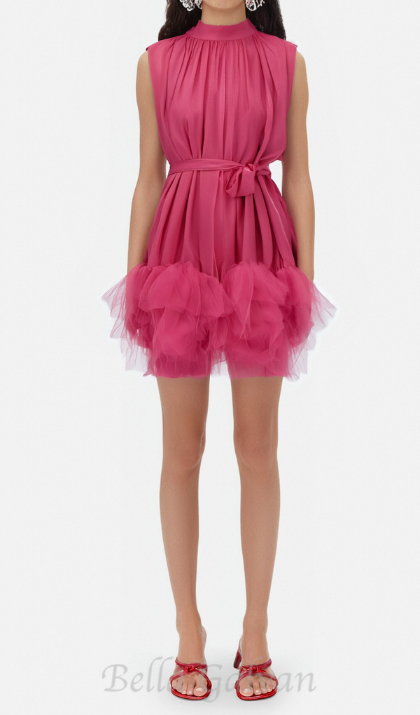 half-high-neckline tulle mini dress in pink