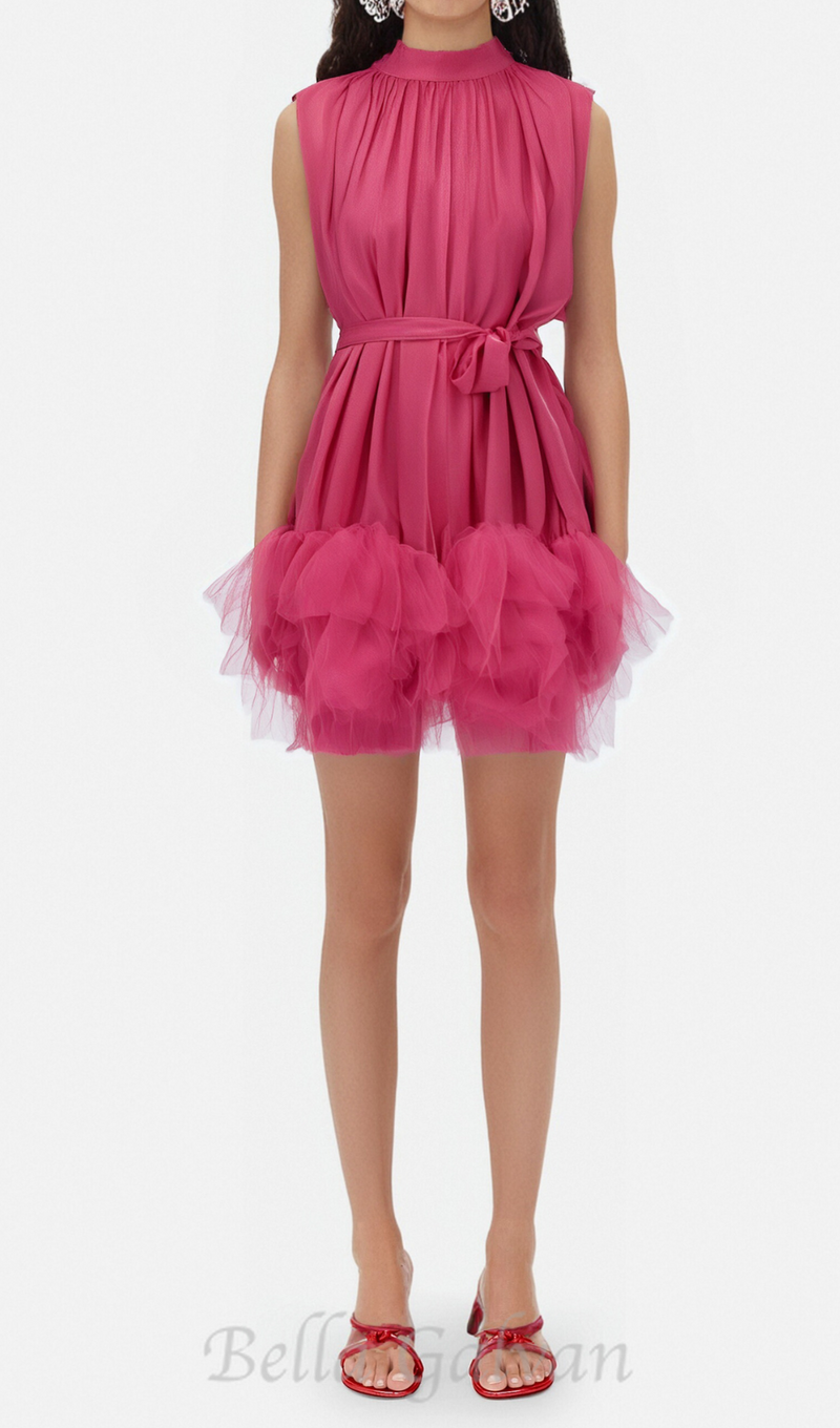 half-high-neckline tulle mini dress in pink