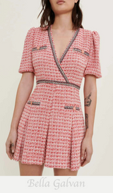 Tweed dress with ethnic trim in pink