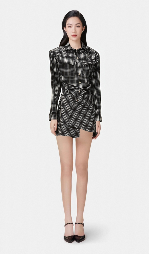 Jeannette black studded check mini shirt dress