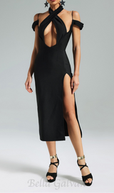 CROSS HALTER CUT OUT SLIT MIDI DRESS IN BLACK