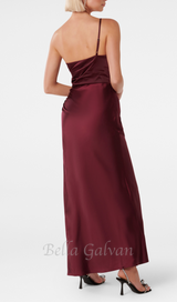 bordeaux one shoulder satin maxi dress