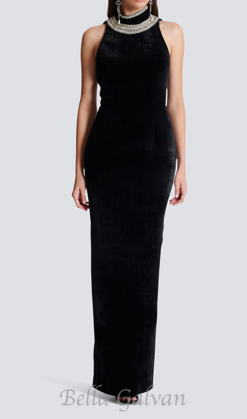 embroidered velvet halterneck maxi dress in black