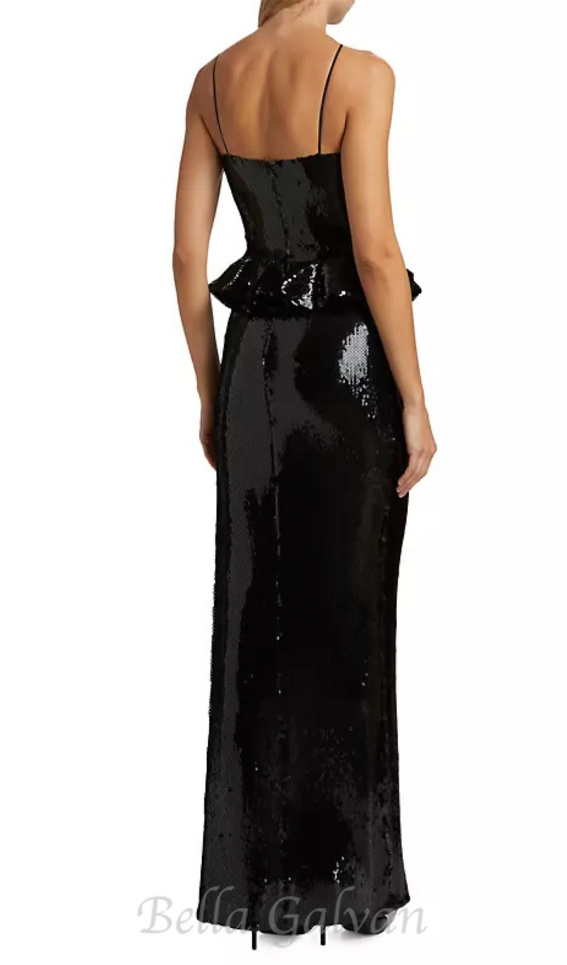 peplum waist sequin maxi dress in black