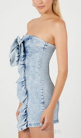 ALISON BLUE RUFFLED TRIM STRAPLESS DENIM MINI DRESS