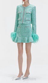 STEPHANIE BOUCLE FEATHER JACKET SUIT IN GREEN