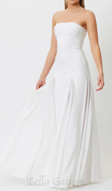 pleated trim strapless maxi dress in white