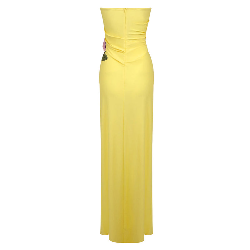 STRAPLESS FLOWER RUCHED MIDI DRESS IN YELLOW