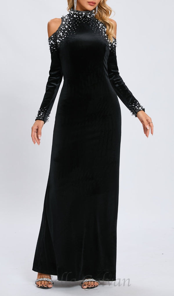 sequin embellished long sleeve maxi dress in black