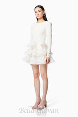 Ruffle trim Long Sleeved Mini Dress in white