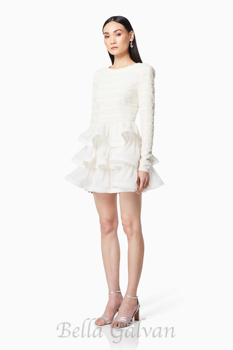 Ruffle trim Long Sleeved Mini Dress in white