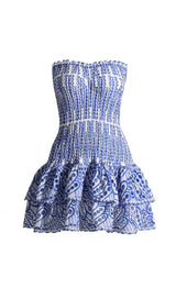 STRAPLESS RUFFLE MINI DRESS IN BLUE