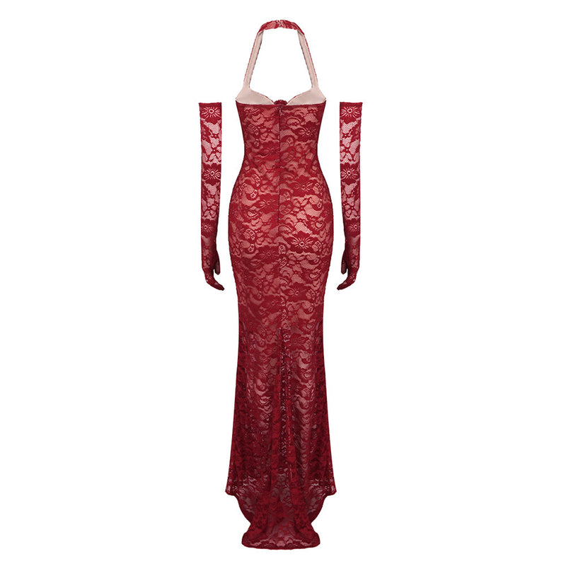 EARTHA HALTER FLORAL LACE MAXI DRESS IN BURGUNDY