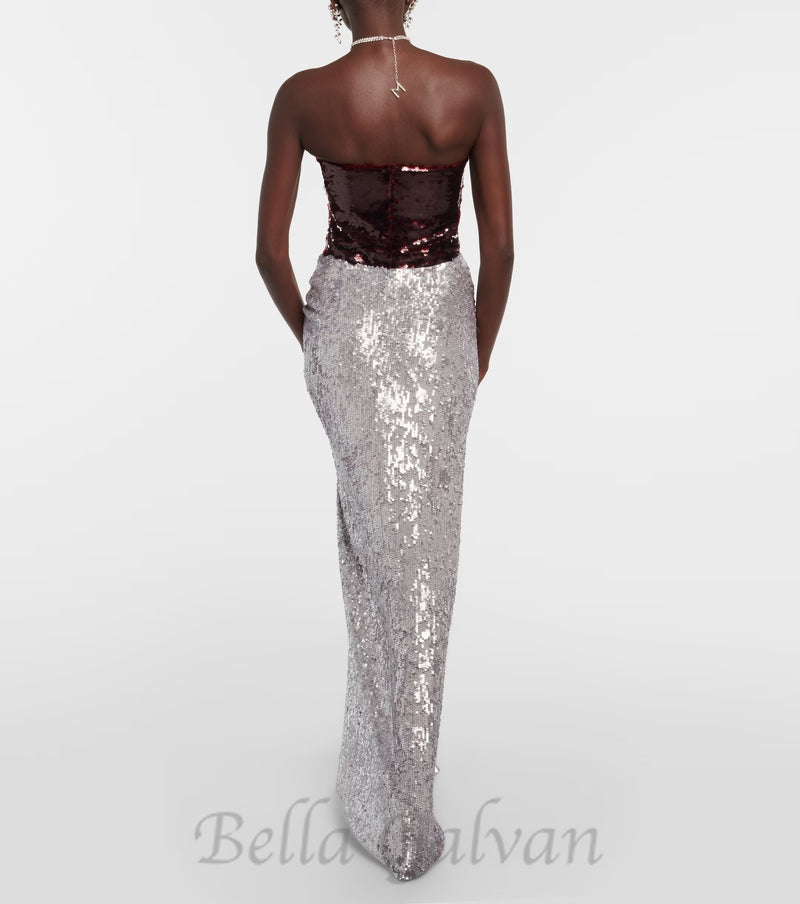 ELVIRA FLORAL-APPLIQUÉ SEQUINED MAXI SKIRT IN SLIVER