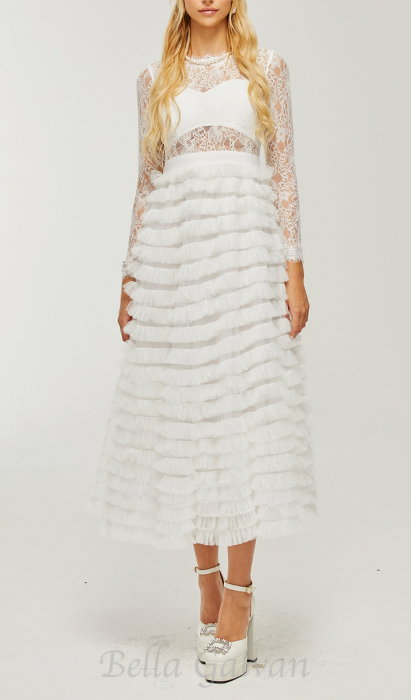 LACE LAYERED HIGH-WAISTED MIDI DRESS IN WHITE