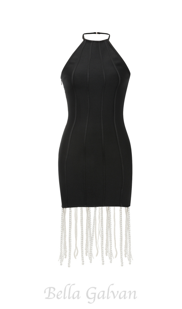 PEARL DRAPED EMBELLISHED BODYCON MINI DRESS IN BLACK