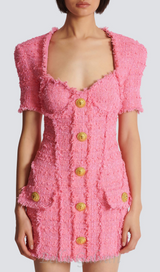 SELENA PINK TWEED MINI DRESS WITH 7-BUTTONS