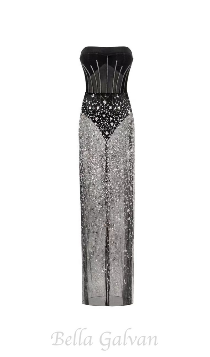 HAZEL CRYSTAL-COVERED STRAPLESS BLACK MAXI DRESS