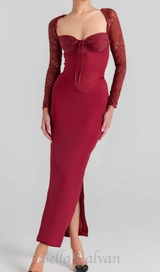 satin corset maxi dress in burgundy