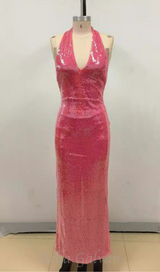 ZORA SHEER SEQUIN DEEP V NECK GOWN IN PINK RED