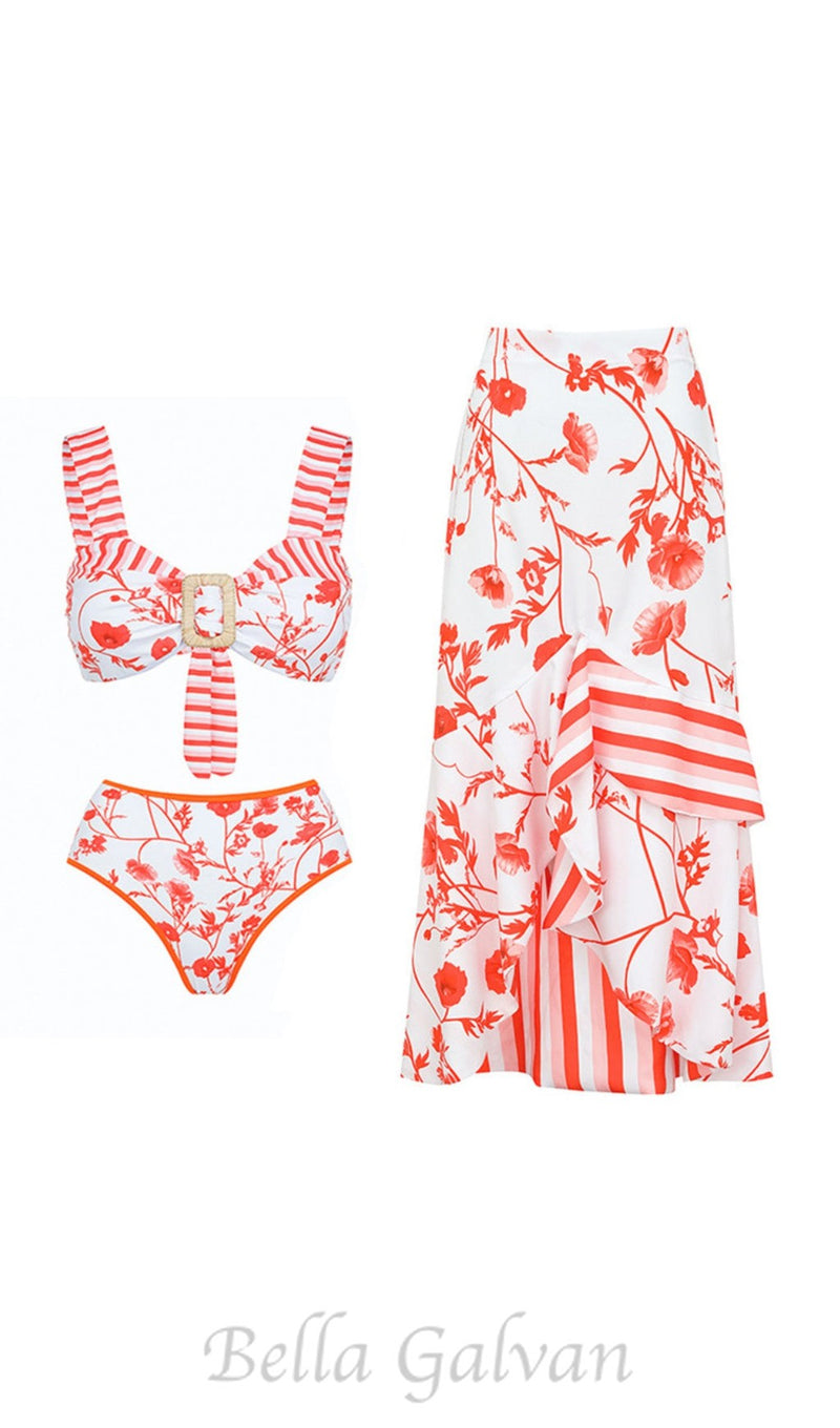 RUFFLE PRINTED SWIMSUIT AND SKIRT SET