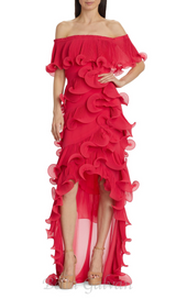 DORA ROSE RED OFF-SHOULDER PLEATED ORGANZA MAXI DRESS