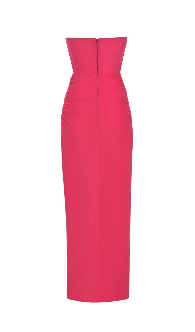 STRAPLESS RUCHED DRESS IN HOT PINK