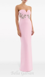 MEROY FLORAL EMBROIDERY STRAPLESS MAXI DRESS IN PINK